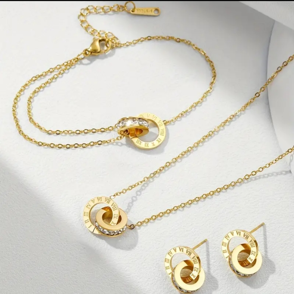 Roman Numeral Jewelry Set Necklace Earrings Bracelets 18k Gold Plated